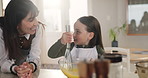 Mom, child or whisk with bowl of eggs in kitchen for dessert or teaching culinary art in home. Mother, daughter or helping junior baker mix with better for recipe or meal prep together in house
