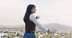 Outdoor, balcony and woman with coffee, thinking or fresh air on break, scenery and smile for memory. Neighbourhood, space and mature person with tea, home and reflection for future, happy and view