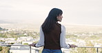 Outdoor, balcony and woman with view, breathing and fresh air on weekend, think and remember memory. Neighbourhood, space and mature person on break, home and reflection for future or mindfulness
