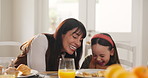 Mom, girl and happy at breakfast with laugh, hug and kiss with food for bonding in home. Woman, mother and daughter with embrace, child and excited with meal, diet or nutrition in family house
