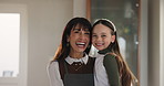 Face, smile and mother with child in home for bonding together, laughing and funny joke. Happy family, single mom and daughter with embrace in house for healthy relationship, affection and connection