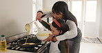 Mom, child or cooking pan with bowl for baking dessert, meal prep or pancake snack in home kitchen. Mother, help or daughter with spoon on stove for junior baker, learning or recipe together in house