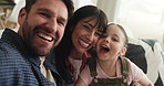 Parents, girl and selfie on sofa, face and happy for hug, bonding and memory in living room at house. People, mother and father with child, photography or social media at family home in Portugal