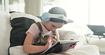 Home, elearning and child with tablet, headphones and listening to lesson on social media or online. Education, growth and development of girl with tech for knowledge, browsing and studying with app