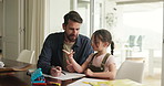 Homework, counting and dad with child in home for maths lesson, learning and help with activity. Family, help and father with girl with books for education, studying together and assessment in house