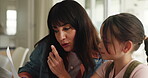 Reading, homework and mom with child, home and help with questions, talking and explain info to girl. Learning, kid and listening to woman with paperwork, education and development with knowledge