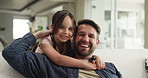 Dad, girl and hug with face on sofa, laugh and surprise for love, bonding and connection in living room. People, father and child with embrace for portrait, relax or smile at family home in Spain