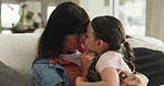Playing, hug and mom with child on sofa for bonding, connection and affection in home. Family, parent and mother with girl embrace for playful relationship, support and love on couch in living room