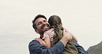 Happy, hug and dad with child outdoor for bonding, playing and relax together on weekend. Family, parenting and father with girl in park embrace for affection, love and support for relationship