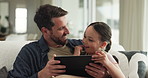 Dad, girl and relax with tablet on couch for hug, streaming and video for elearning on web in home. People, father and daughter with tech, application and education games on sofa at family house