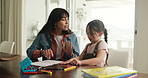 Home, mom and talking to child, homework or help with questions, reading and explaining info to girl. Discussion, woman and helping daughter with assignment, learning and development with knowledge
