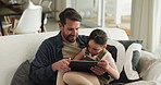 Relax, tablet and dad with child on sofa with online games for bonding, relationship and connection. Family, love and man with girl on digital tech for streaming cartoons, videos and fun in home