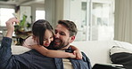Dad, girl and hug with tablet on couch, surprise and scroll app with daughter, care and love in living room. People, father and child with embrace with tech, relax or smile in lounge at family home