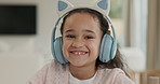 Face, headphones and happy kid in home for music education, elearning audiobook and development. Audio, portrait and girl streaming online for sound, radio and student listening to knowledge podcast