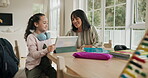 Tablet, teaching and mother with daughter in house for elearning, submit assignment and tutor. Homeschool portal, online student forum and studying with woman and girl in family home for knowledge
