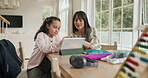 Tablet, education and mother with daughter in house for elearning, submit assignment and tutor. Homeschool portal, online student forum and studying with woman and girl in family home for knowledge
