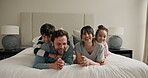 Happy, family and laughing in bedroom with hug, connection and love for relationship bonding. Parents, children and smiling face in home with cuddle, trust and support together for special memory.