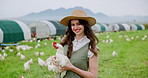 Happy woman, face and farmer with chicken for agriculture, natural growth or farming in nature. Portrait, female person or agro business with animal or farmland for poultry production in countryside