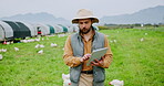 Chicken, farm and tablet with man on field for agriculture, poultry flock records or livestock update. Animal tracking, digital report and organic ranch with farmer for free range eggs in countryside
