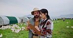 Chicken, clipboard and team with people on farm for inspection, agriculture and quality control. Feeding schedule, poultry monitoring and report with farmer on countryside field for egg records