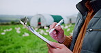 Chicken, hands and clipboard with person on farm for agriculture, poultry flock records or livestock update. Animal tracking, report and organic ranch with farmer for free range eggs in countryside