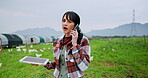 Worry, phone call and tablet with woman on farm for agriculture, chicken export negotiation or quality feedback. Animal review, contact and client offer with farmer for free range eggs in countryside