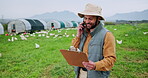 Chicken, clipboard and phone call with man on farm for inspection, agriculture and quality control. Feeding schedule, poultry monitoring and contact with farmer on countryside field for egg records