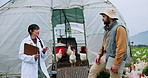 Chicken, clipboard or conversation with farmer and vet outdoor in countryside for medical checkup. Healthcare, poultry or sustainability with man and woman talking on farm for agricultural insurance
