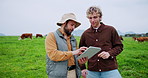 Teamwork, farming and men with tablet, countryside and talking with app, inspection or checking supplier. Sustainable business, help and people with tech, online for production tips or agriculture