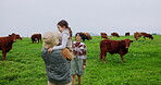 Cow, father and hug with daughter on farm for cattle agriculture, love and support. Sustainability, happiness and child bonding with family on countryside field for growth, running and environment