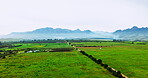 Drone, landscape and environment with farm or field for sustainability, plantation and grass pasture. Nature, agriculture and growth with aerial view of countryside for agro location and ecology