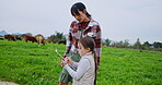 Cow, checklist and mother with daughter on farm for cattle inventory, agriculture and support. Sustainability report, animal herd tracking and clipboard with woman and child in field for growth