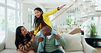 Smile, airplane and love with family on sofa for bonding, connection and support games. Playful, happiness and excited with parents and child in living room of home for commitment and trust together