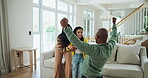 Celebration, hug and sports fan with family on sofa for bonding, connection and watching tv. Cheering, happiness and excited with parents and child in living room of home for winner and goal