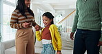 Energy, dance and love with family in house for bonding, connection and streaming music. Playful, happiness and smile with parents and child in living room of home for commitment and trust together