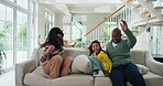 Smile, jump and relax with family on sofa for bonding, connection and support. Playful, happiness and excited with parents and child running in living room of home for commitment and trust together