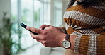 Phone, hands and woman in home with networking, communication or social media on mobile app. Technology, typing and female person on cellphone with chatting online for contact in living room at house