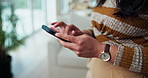 Cellphone, hands and woman in home with networking, communication or social media on mobile app. Technology, typing and female person on phone with chatting online for contact in living room at house