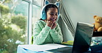 Girl, wave and video call with headphones, laptop and online tutoring for education and knowledge. Kid, elearning and excited smile for study virtual class and child development with communication