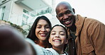 Face, parents and selfie with child outdoor with love, photography and social media post. Portrait, below and interracial family with happy kid, profile picture update and bonding for memory at house
