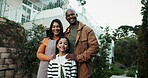 Face, parents and smile with child at new house for love, moving in and property investment. Portrait, happy and interracial family with kid for relocation, mortgage success and bonding for purchase