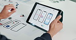 App development, business and man with tablet, screen, hands and internet with ui design. Closeup, person and employee in workplace, tech and push notification with digital interface and prototype