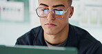 Digital, scroll or man in office with tablet, planning or testing in ux design. Reading, ui implementation or software engineer in agency with tech, monitor app or wireframe for programming feedback.