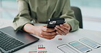 App, design and woman in office with phone, ux testing and display for digital project. Typing, creative or software developer in workplace with mobile, research or ui implementation for tech pitch.