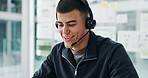 Advice, consulting and headset with business man in office for feedback or social media management. Communication, conversation and review with happy employee in workplace for analytics or engagement