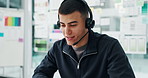 Analytics, headset and laptop with business man in office for social media feedback or management. Computer, consulting and video call with employee in workplace for online engagement or reach