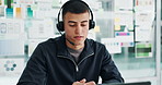 Analytics, laptop and video call with employee man in office for social media feedback or management. Computer, consulting and headset with business person in workplace for online engagement or reach