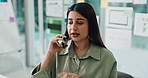 Communication, manager and woman with phone call in office for deal contract, negotiation and proposal. Finance director, digital discussion or strategy info with investor in workplace, tech and talk