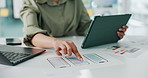 Person, hands and designer with wireframes on tablet for app design, UI or UX development in office. Software engineer, documents or planning with technology for mobile application or digital project