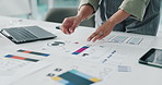 Creative person, hands and planning with wireframes or swatches for app design in office. Designer, software engineer or developer with documents, color palette or technology for mobile platform